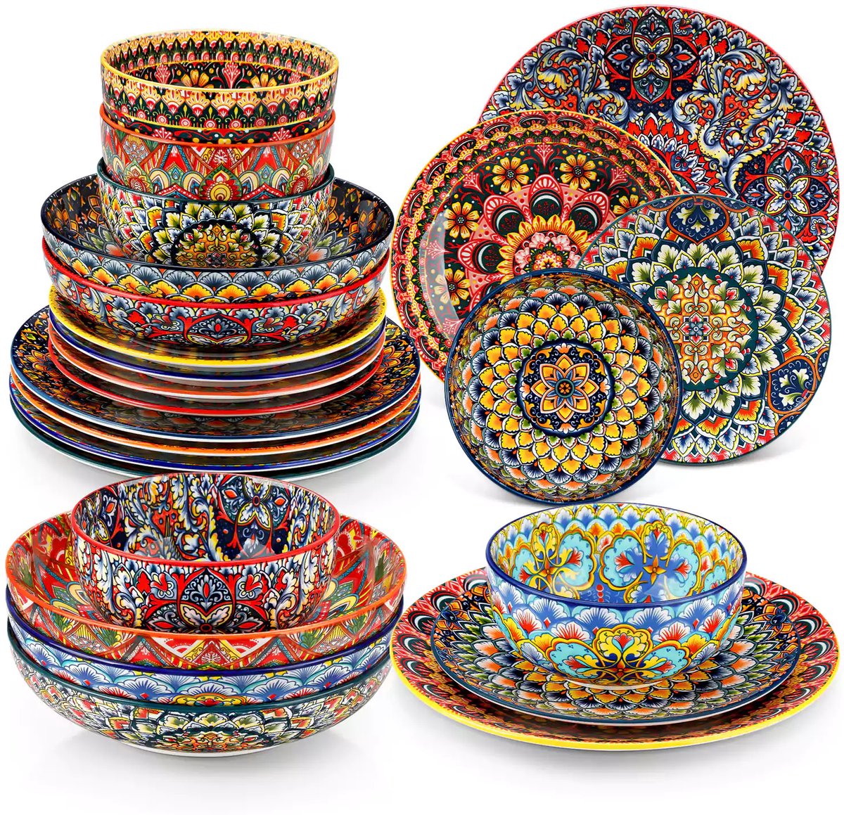 Serviesset - Bohemian Stijl - 6 Persoons Servies - Porselein - Dinerborden - Dessertborden - Ontbijtkommen - Soepkommen - 24-delige Set