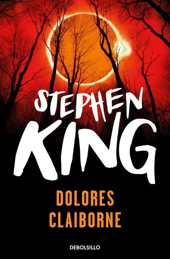 Boek "Dolores Claiborne" van Stephen King. Een rode, onheilspellende gloed achter kale bomen.