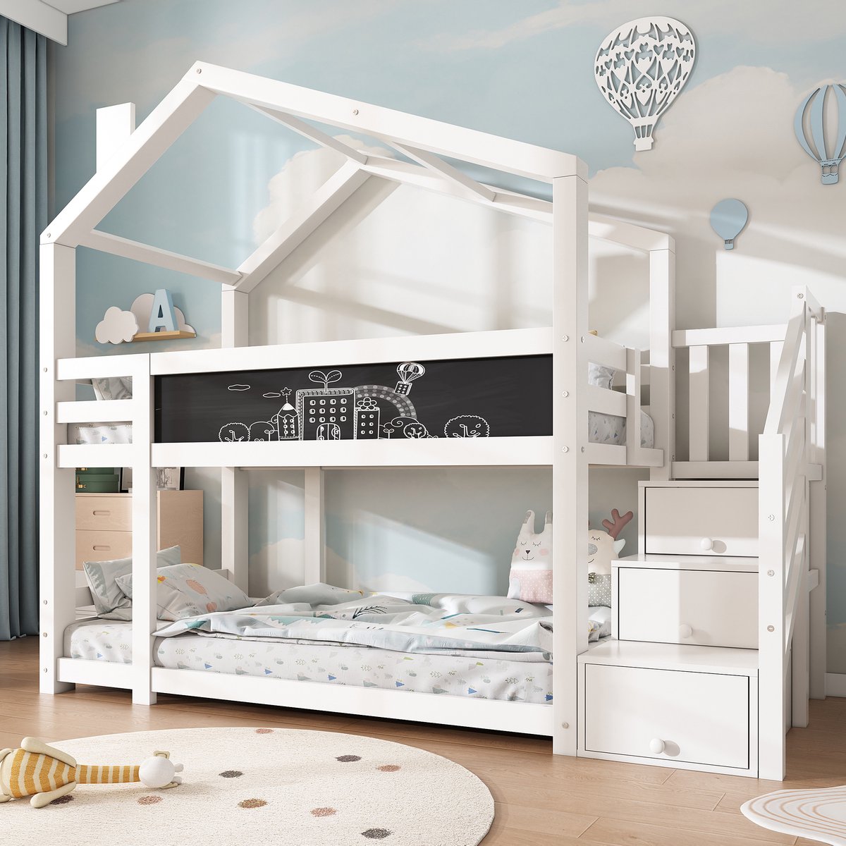 MODFU Kinder stapelbed 90x200 cm van massief hout – met opbergtrap en krijtbord – wit – boomhuisdesign voor 2 kinderen