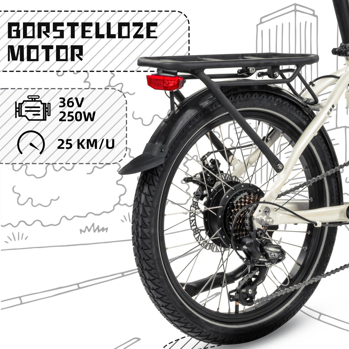 SAXXX Foldi Comfort - Elektrische Fiets - 95% Vooraf Geassembleerd Vouwfiets - 410Wh uitneembare accu - 80 km Actieradius - Shimano Nexus 7-versnellingssysteem - Achterwielmotor 250W - 20 x 2.3" CST - Mechanische schijfrem - Wit thumbnail 4