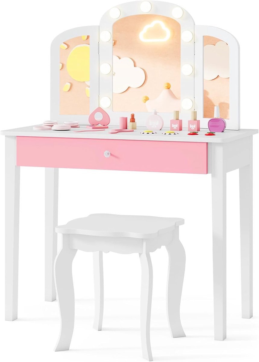KOMFOTTEU Kindermeisjeskaptafel, 2-in-1 kinderbureau met opvouwbare LED-spiegel, drie opberglades en krukje, make-uptafel voor prinsessen vanaf 3 jaar (wit)