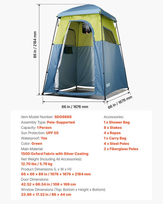 VEVOR Douchetent met 1 Ruimte & Douchezak, Toilettent (1676x1676x2184 mm) Omkleedtent Incl. Haringen & Touwen & Draagtas & Steunpalen, Gemaakt van 150d Oxford-Stof Voor Kamperen, Strand, Vissen, Groen van Merkloos — afbeelding 4
