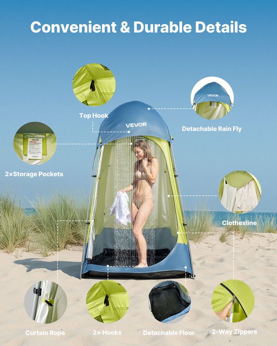 VEVOR 1-Kamer Douchetent, Toilettent (1397x1397x2184 mm) Omkleedtent Incl, Haringen, Touwen, Draagtas En Stalen Stok, Gemaakt van 200d Oxford-Stof Voor Kamperen, Strand, Vissen, Groen — afbeelding 5