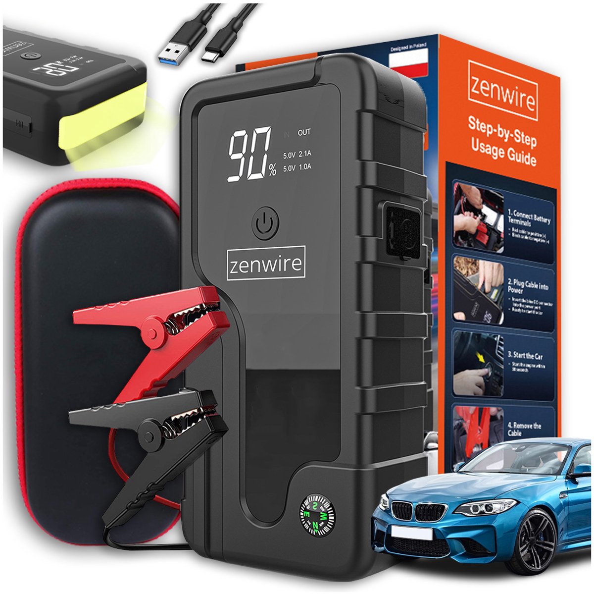 Zenwire CY16 Jumpstarter 12V - Auto Accu Booster & Noodstarter - 600A - Powerbank 6400 mAh - LCD - LED Zaklamp - USB-C - Met EVA Tas