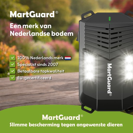 Zwarte MartGuard ultrasone verjager met LED-verlichting, ideaal voor 100% Nederlandse merken.