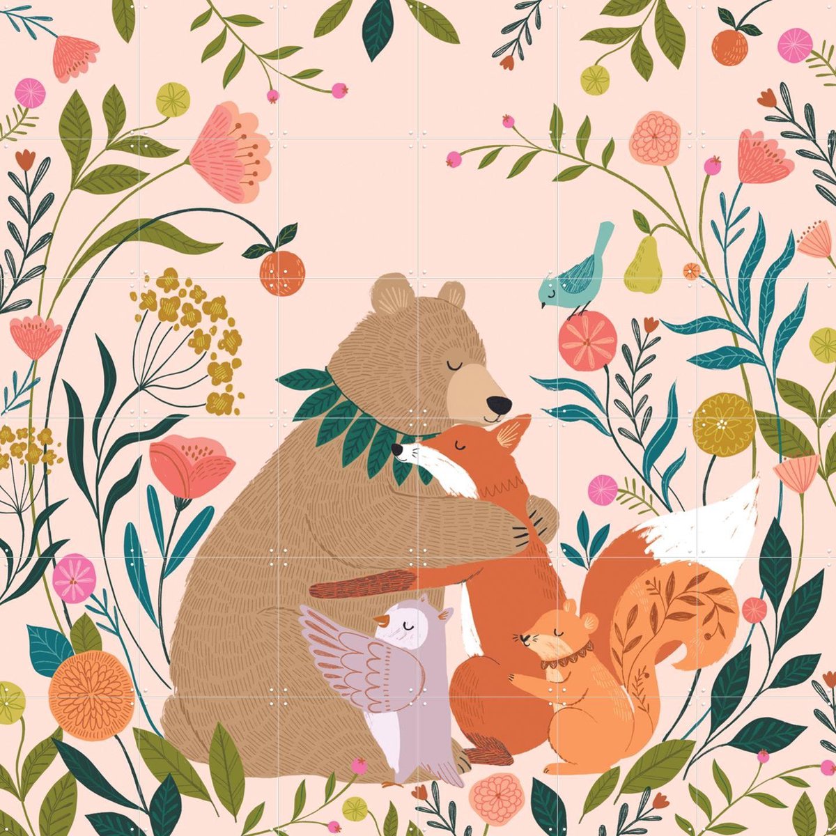 IXXI Bear Hugs, Bethan Janine - 120 x 120 cm - Gratis ophangtool - Grote wanddecoratie en posters - Fantasierijk, Illustraties, Speels, Kleurrijk