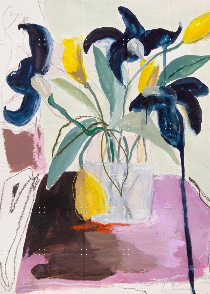 IXXI Blue Iris and Daffodils, Leigh Viner - 100 x 140 cm - Gratis ophangtool - Grote wanddecoratie en posters - Abstract, Olieverf, Kleurrijk
