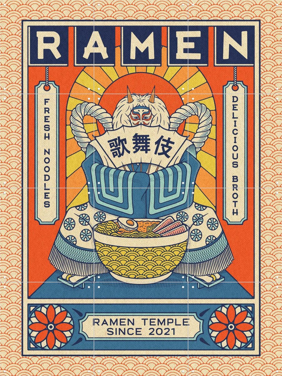 IXXI Ramen Temple Kabuki, Ryan Ragnini - 60 x 80 cm - Gratis ophangtool - Grote wanddecoratie en posters - Pop art, Illustraties, Grafisch Ontwerp
