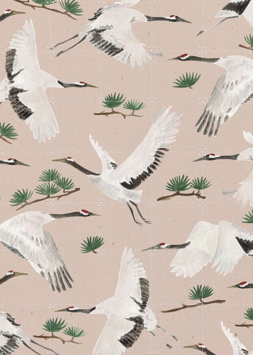 IXXI Cranes Pink, Isabelle Vandeplassche & Rijksmuseum 2.0 - 100 x 140 cm - Gratis ophangtool - Grote wanddecoratie en posters - Illustraties