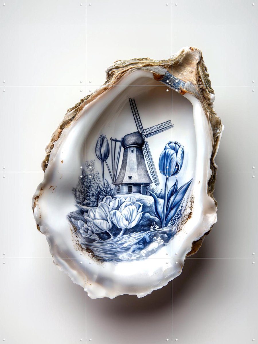 IXXI Delfts Blauwe oester, Margriet Hulsker - 60 x 80 cm - Gratis ophangtool - Grote wanddecoratie en posters - Vintage, Illustraties, Keuken