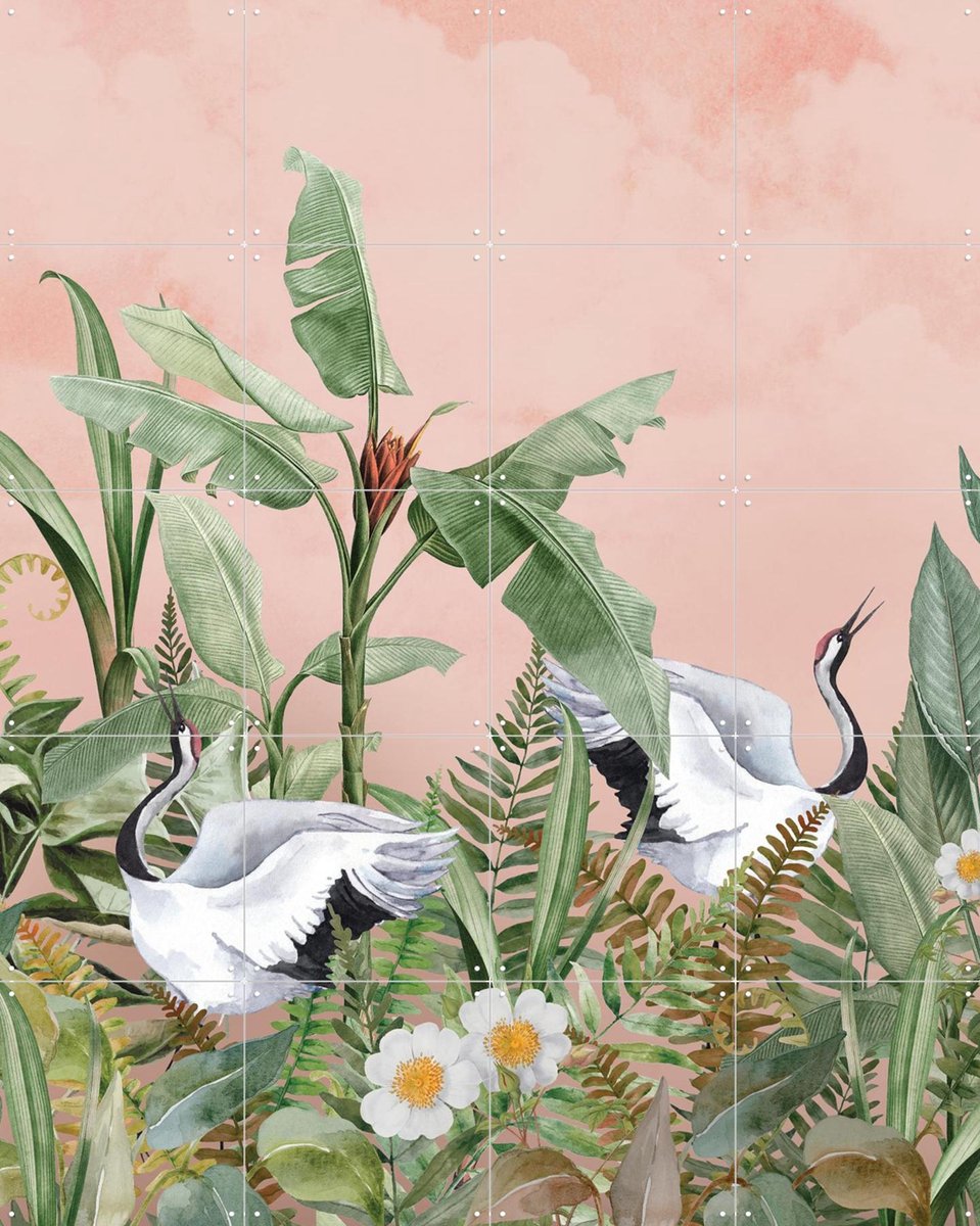 IXXI Dancing Crane, Creative Lab Amsterdam - 80 x 100 cm - Gratis ophangtool - Grote wanddecoratie en posters - Aquarel, Naturalisme, Kleurrijk