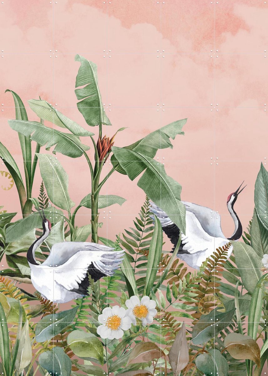 IXXI Dancing Crane, Creative Lab Amsterdam - 100 x 140 cm - Gratis ophangtool - Grote wanddecoratie en posters - Aquarel, Naturalisme, Kleurrijk