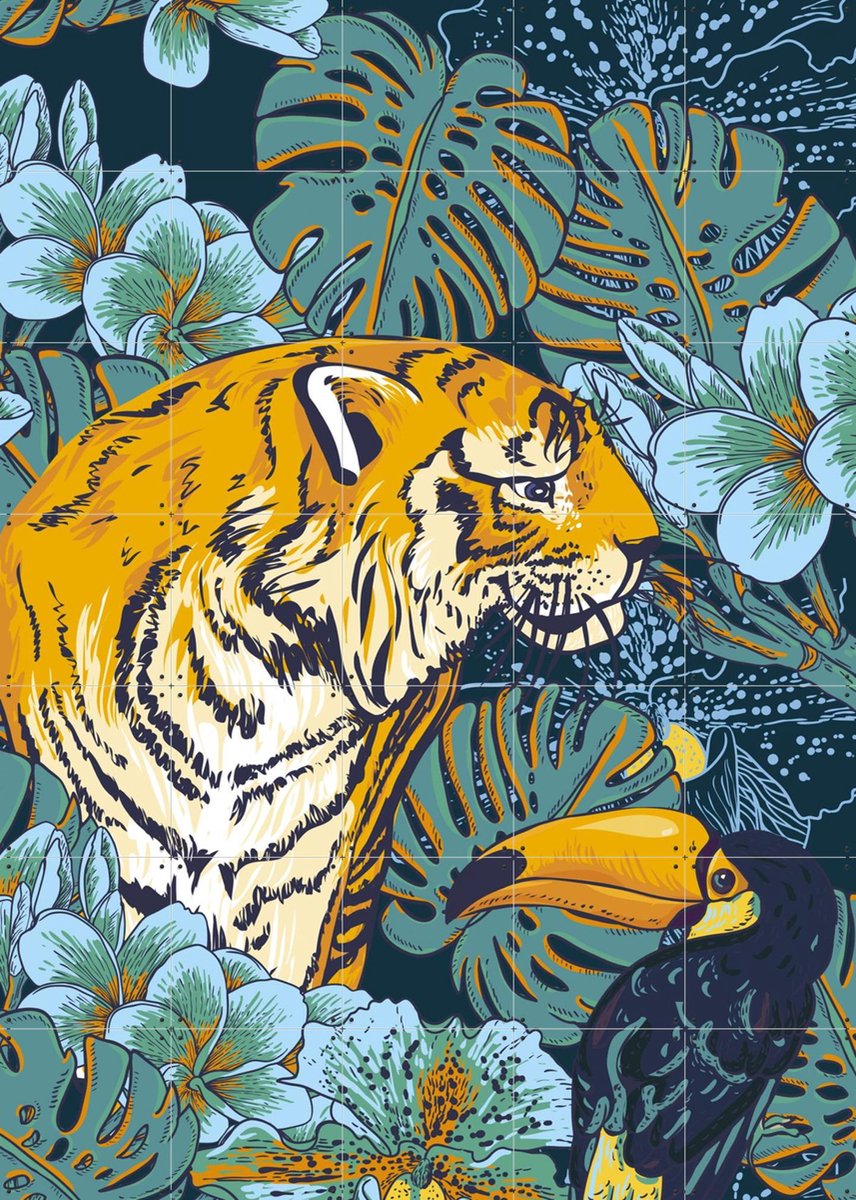 IXXI Tiger Jungle, Creative Lab Amsterdam - 100 x 140 cm - Gratis ophangtool - Grote wanddecoratie en posters - Illustraties, Speels, Kleurrijk