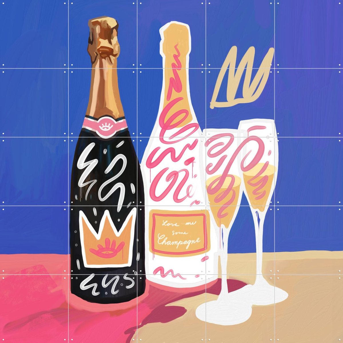 IXXI Champagne, Pop-art by Tadej - 100 x 100 cm - Gratis ophangtool - Grote wanddecoratie en posters - Digitale Kunst, Speels, Kleurrijk