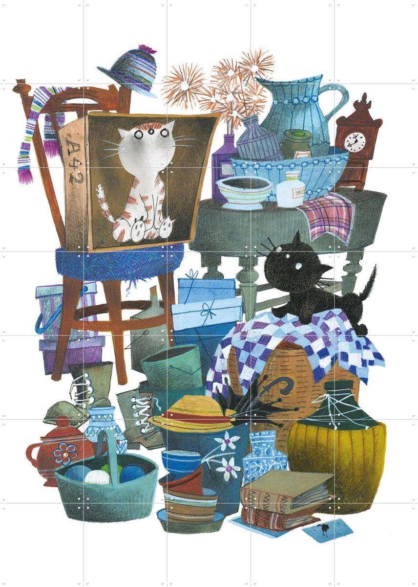 IXXI Pim & Pom zijn op de televisie, Fiep Westendorp - 100 x 140 cm - Gratis ophangtool - Grote wanddecoratie en posters - Fantasierijk, Kleurrijk