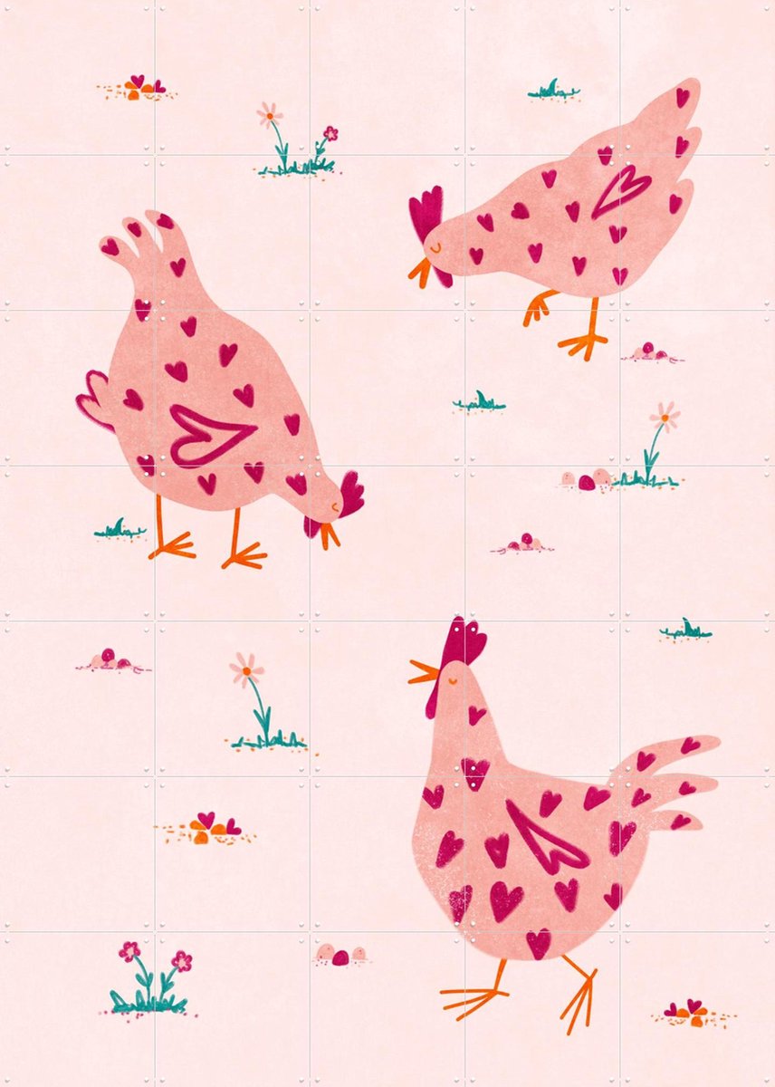 IXXI Chicken Love, Raissa Oltmanns - 100 x 140 cm - Gratis ophangtool - Grote wanddecoratie en posters - Kleurrijk, Illustraties, Fantasierijk