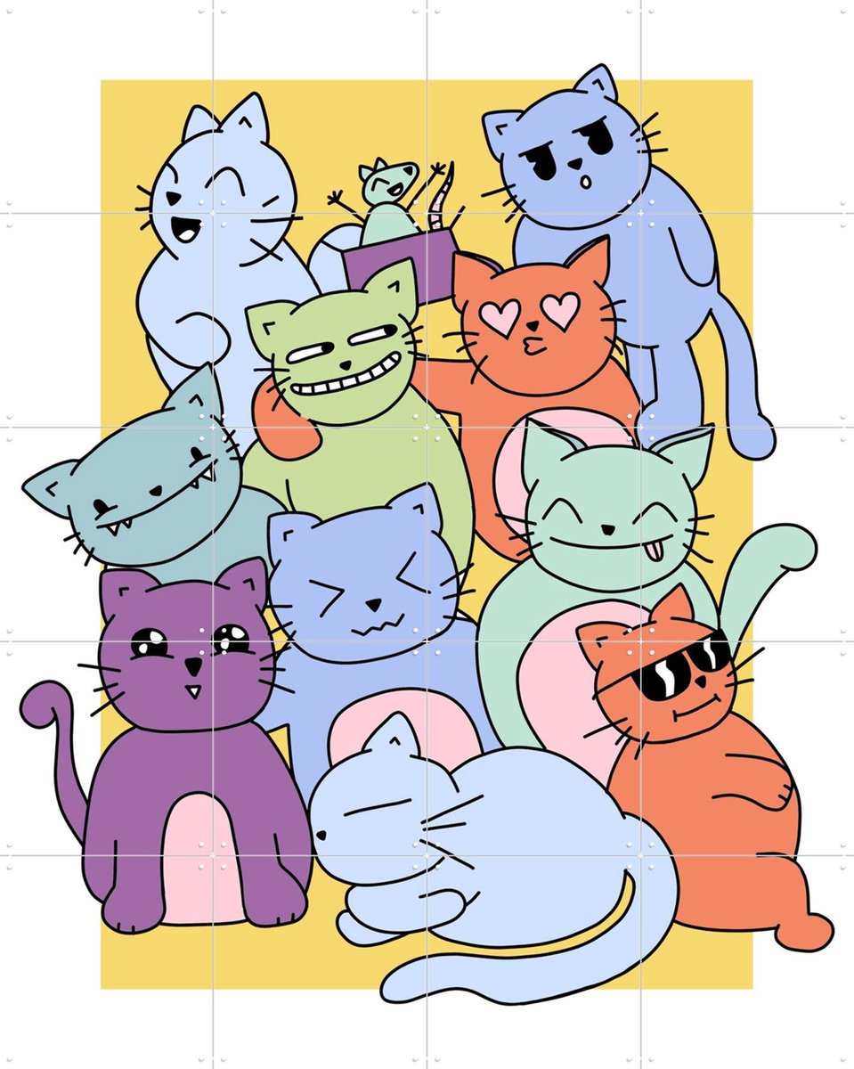 IXXI Cat Party, BAINAI - 80 x 100 cm - Gratis ophangtool - Grote wanddecoratie en posters Kinderkamer, Kinderen, Dieren