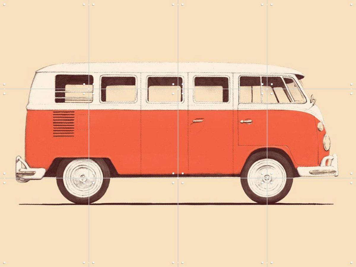 IXXI Red Van, Florent Bodart - 80 x 60 cm - Gratis ophangtool - Grote wanddecoratie en posters - Retro, Minimalisme, Vintage, Kleurrijk, Illustraties