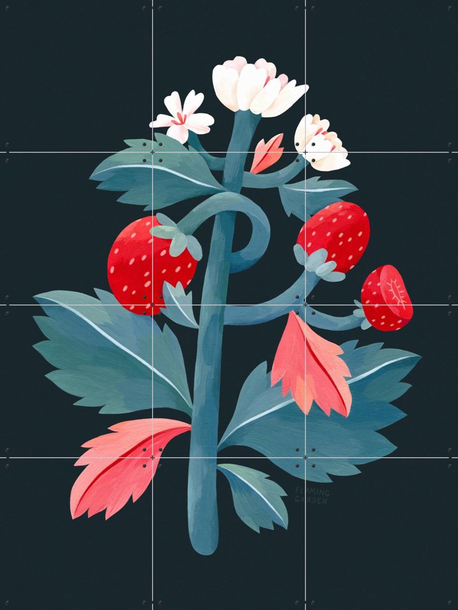 IXXI Strawberry, Flaming Garden - 60 x 80 cm - Gratis ophangtool - Grote wanddecoratie en posters - Speels, Illustraties, Eetkamer, Woonkamer, Keuken