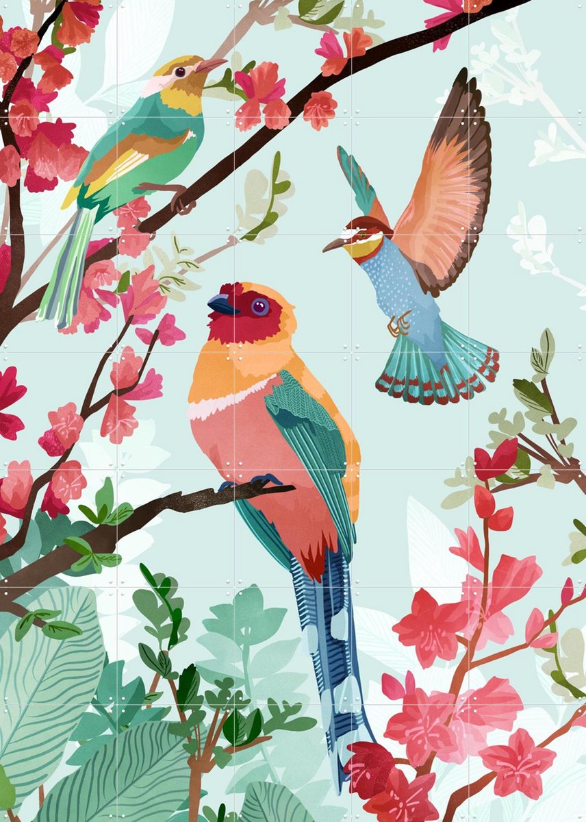 IXXI Birds of Summer, Goed Blauw - 100 x 140 cm - Gratis ophangtool - Grote wanddecoratie en posters - Kleurrijk, Speels, Digitale Kunst