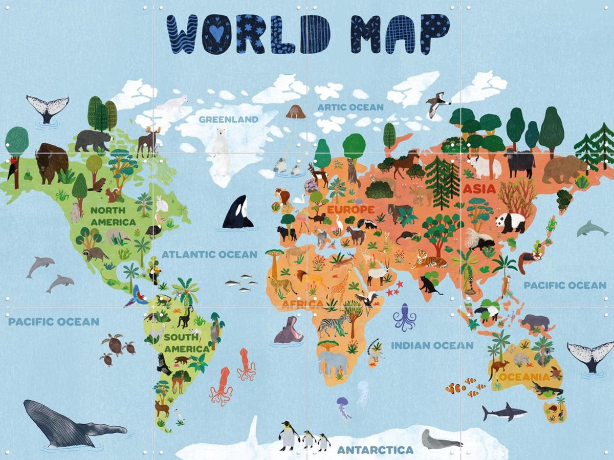IXXI World Map for Kids, Jota de Jai & Various - 80 x 60 cm - Gratis ophangtool - Grote wanddecoratie en posters - Digitale Kunst, Illustraties