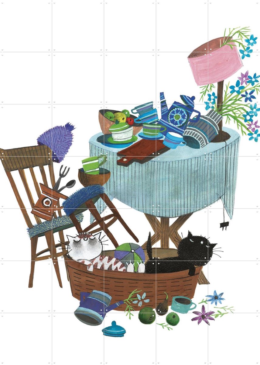 IXXI Pim & Pom onder de tafel, Fiep Westendorp - 100 x 140 cm - Gratis ophangtool - Grote wanddecoratie en posters - Fantasierijk, Kleurrijk