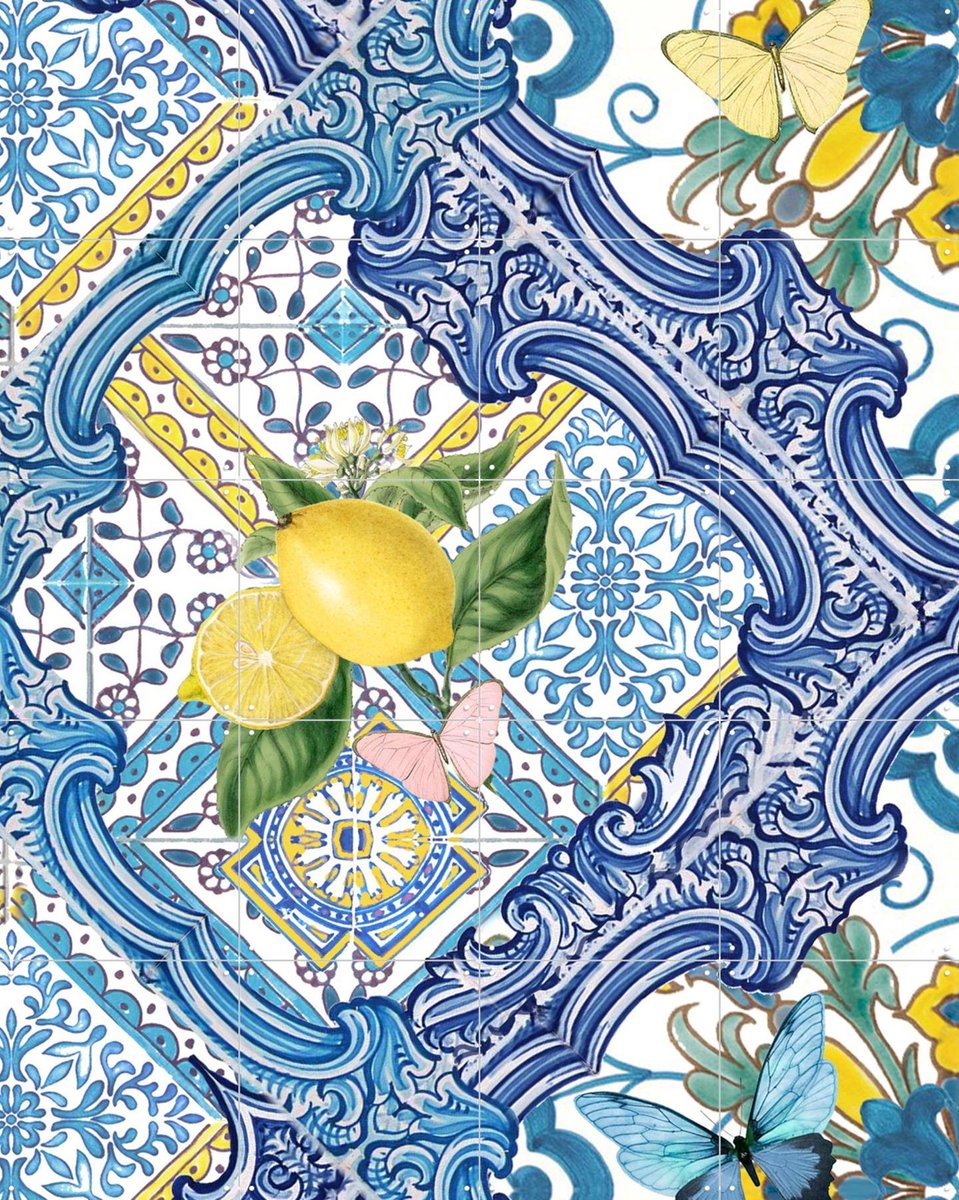 IXXI Mediterranean tiles and lemons blue I, Bloomery Decor - 80 x 100 cm - Gratis ophangtool - Grote wanddecoratie en posters - Kleurrijk, Ornamenteel