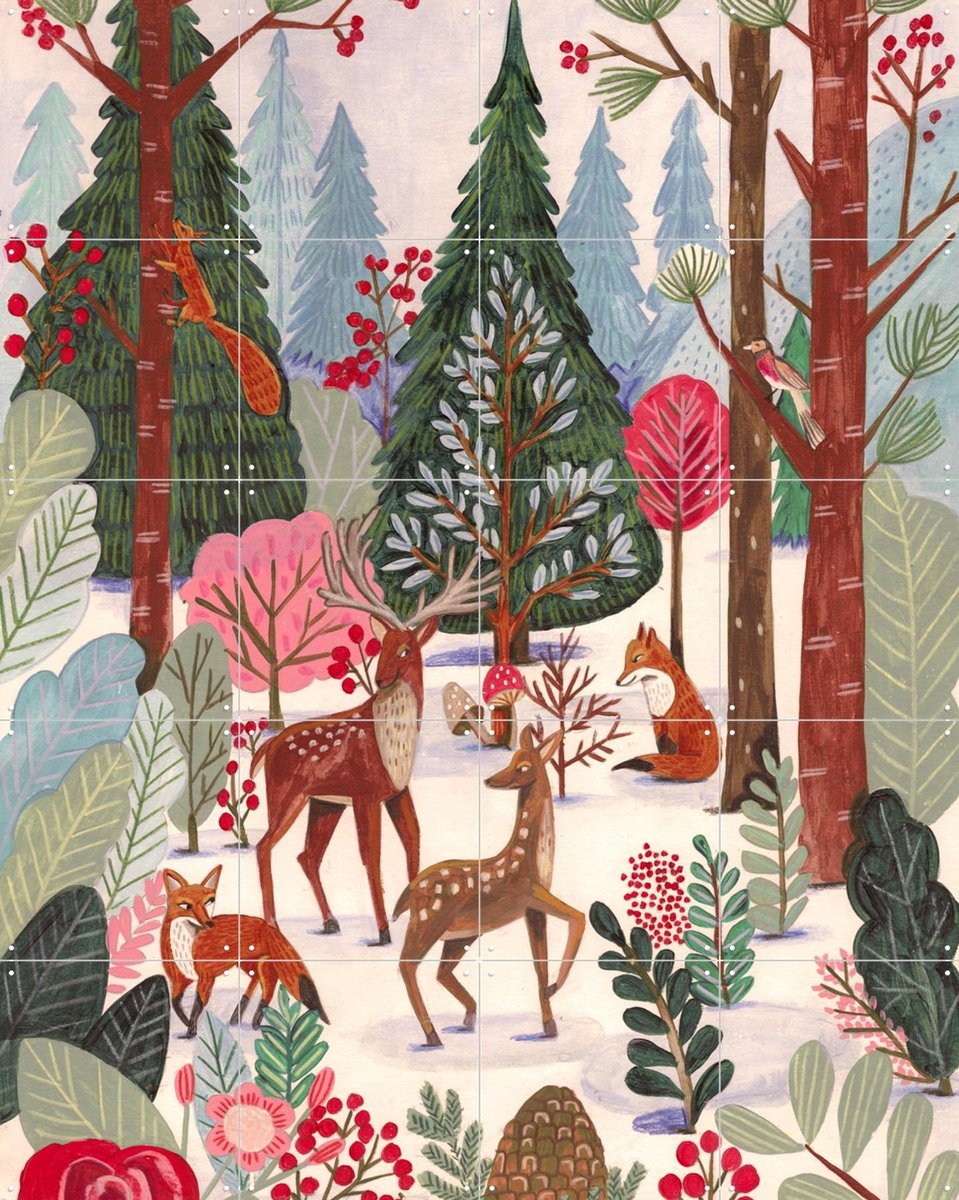 IXXI Animals in winter forest, Caroline Bonne Müller & Various - 80 x 100 cm - Gratis ophangtool - Grote wanddecoratie en posters - Illustraties