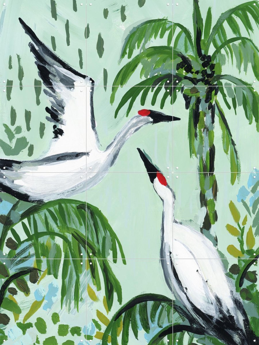 IXXI Tropical Cranes, Green Barn Studio - 60 x 80 cm - Gratis ophangtool - Grote wanddecoratie en posters - Kwaststreken, Abstract, Speels