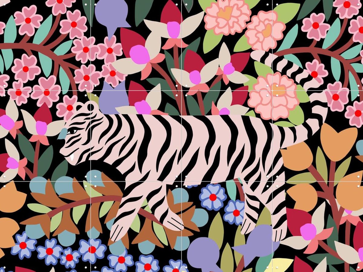 IXXI Tiger in Flowers, Sasha Ignatiadou - 80 x 60 cm - Gratis ophangtool - Grote wanddecoratie en posters - Speels, Kleurrijk, Digitale Kunst