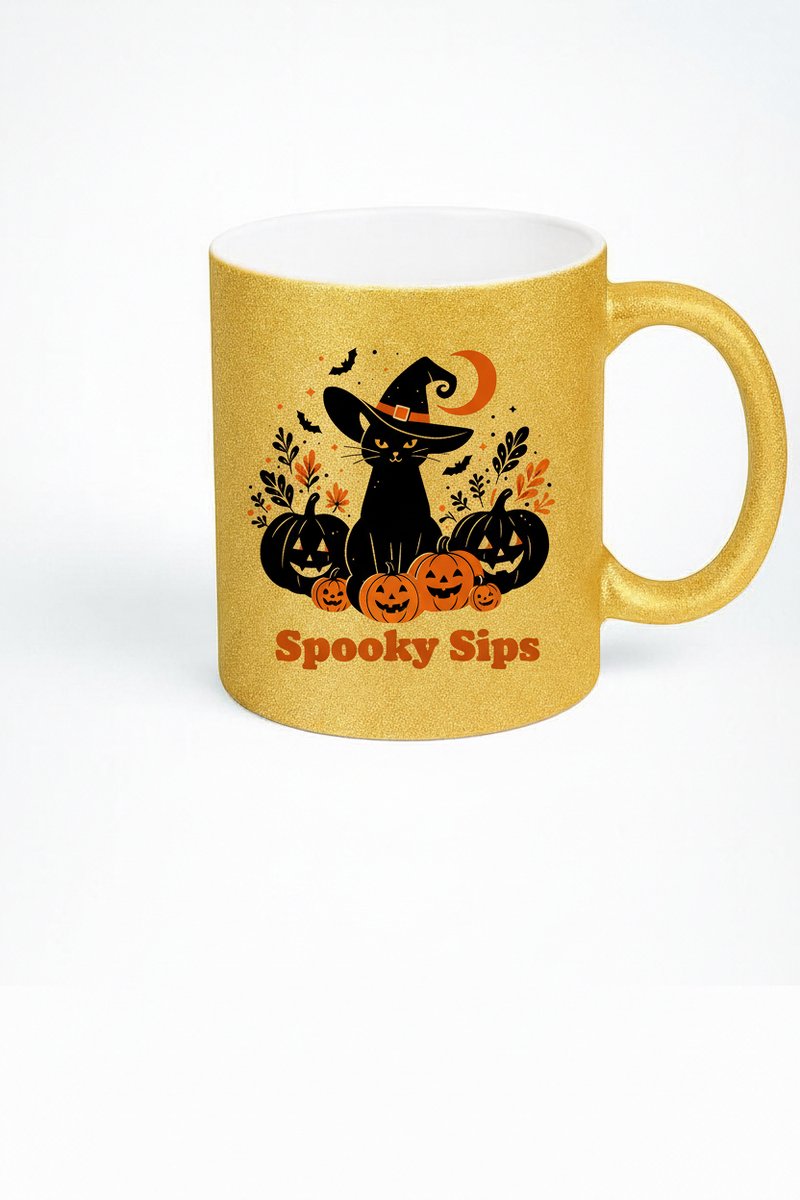 Halloween Mok "Spooky Sips" - Gouden Glitter Kat en Pompoenen Koffiemok