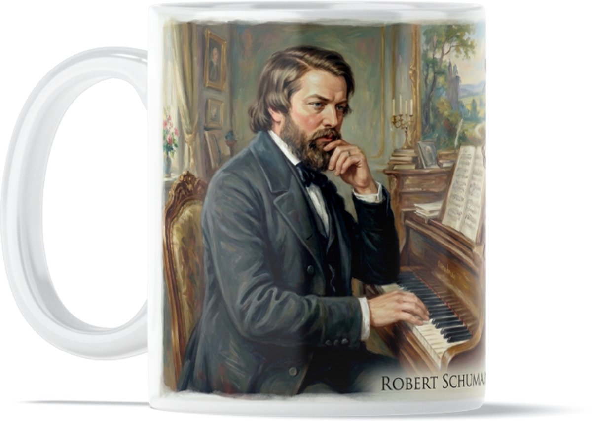 Design Mok "Robert Schumann" Quote: "Talent werkt, genialiteit creëert" - MuziekCadeau voor Pianist & Musicus - Ware Kunst - Romantiek & Inspiratie - Piano, Viool en Bladmuziek - Klassieke Muziek Cadeau voor Pianisten, Violisten & Muziekdocenten