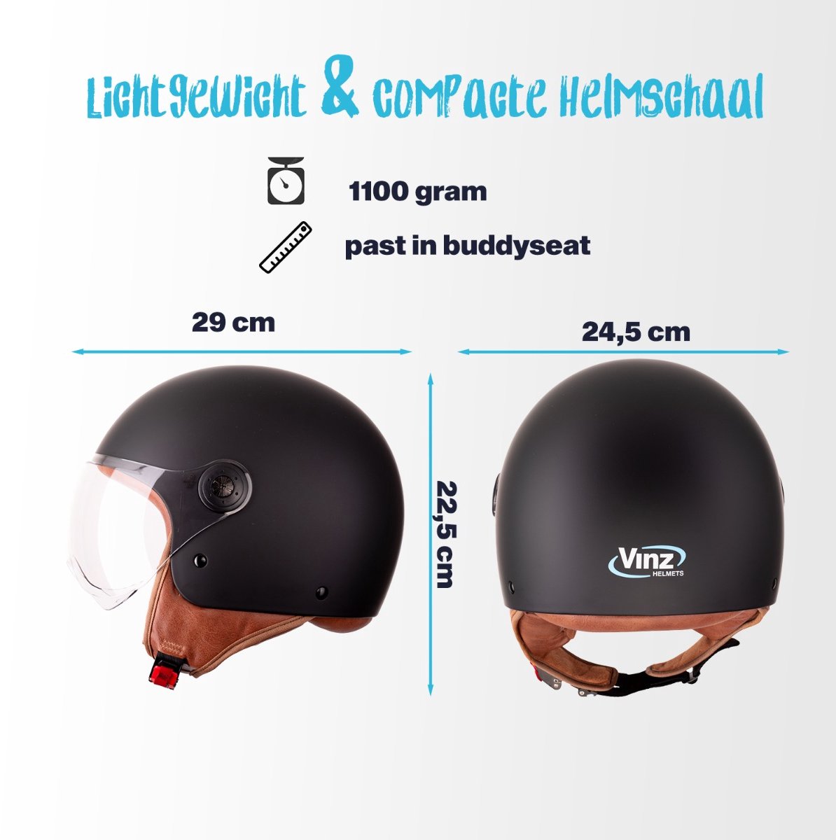 VINZ Duoro Elite Jethelm - Scooterhelm, Motorhelm, Brommerhelm - Luxe Bruine Binnenvoering - ECE Goedgekeurd - Mat Zwart - M – foto 5