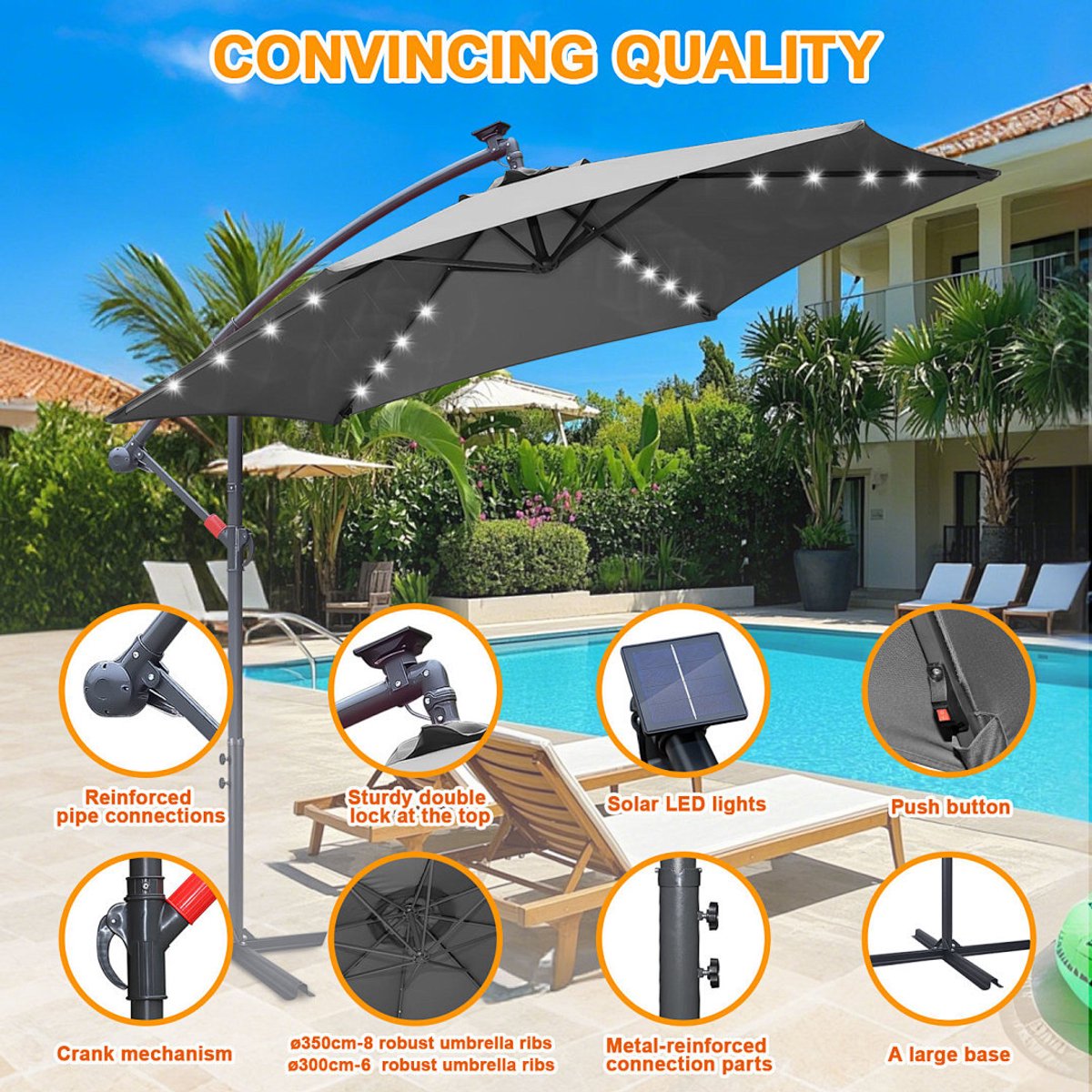 Zweefparasols - 350CM - Solar LED Verlichting 32x Wit - UV 50+ bescherming (blokkeert 98% UV) - Multi-angle Kantelbaar & Draaibaar - Windbestendig frame 8 Ribben - Incl. Kruisvoet - Waterafstotend doek Grijs – foto 7