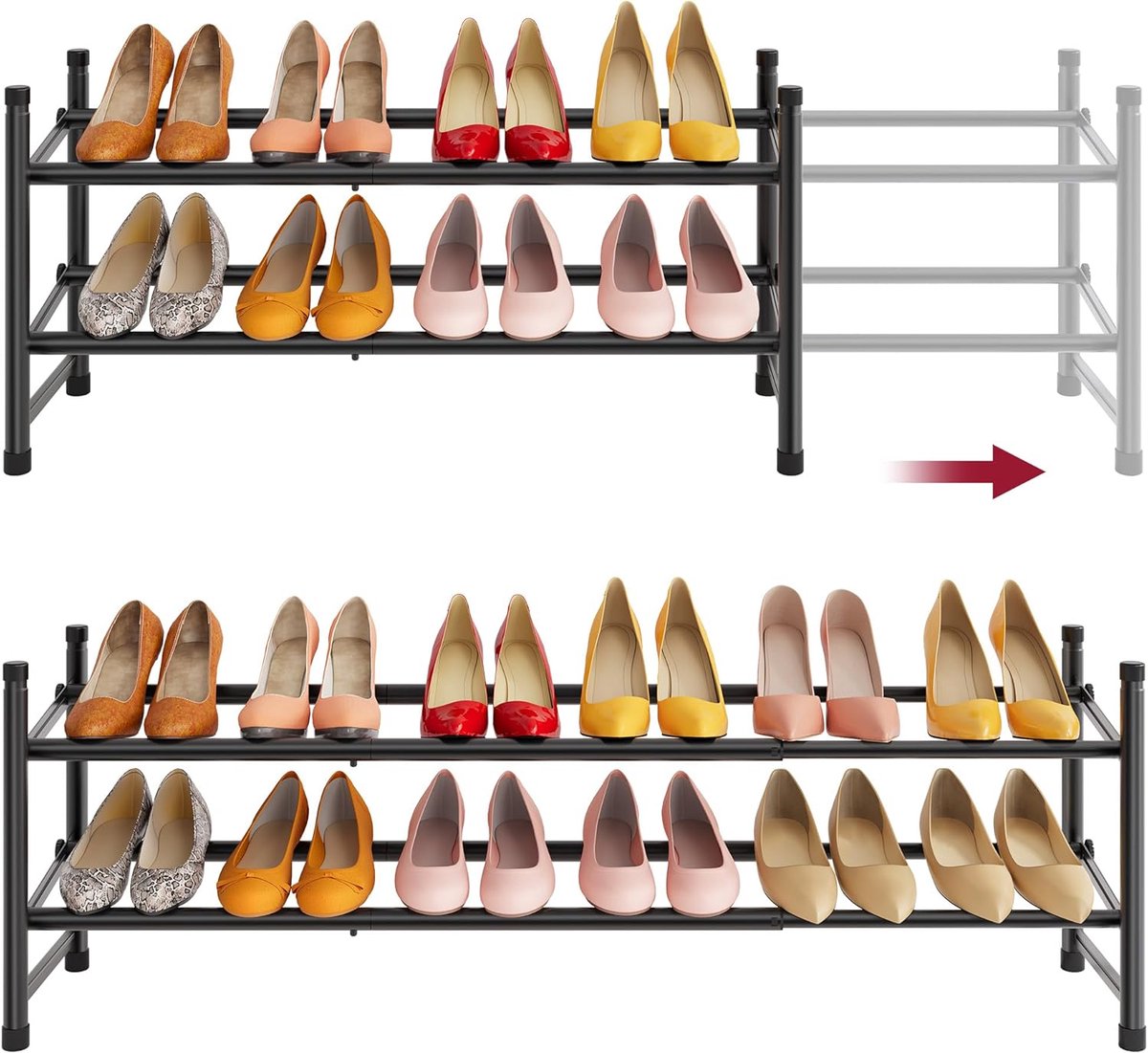 Imperatoris - Schoenenkastje - Schoenenrek - Verstelbaar van 71 tot 104 cm - Schoenenkast - Schoenenplank - 2 Verstelbare Lagen - Opbergen van Schoenen - ‎‎‎Voor 12 Paar Schoenen - Metaal - zwart