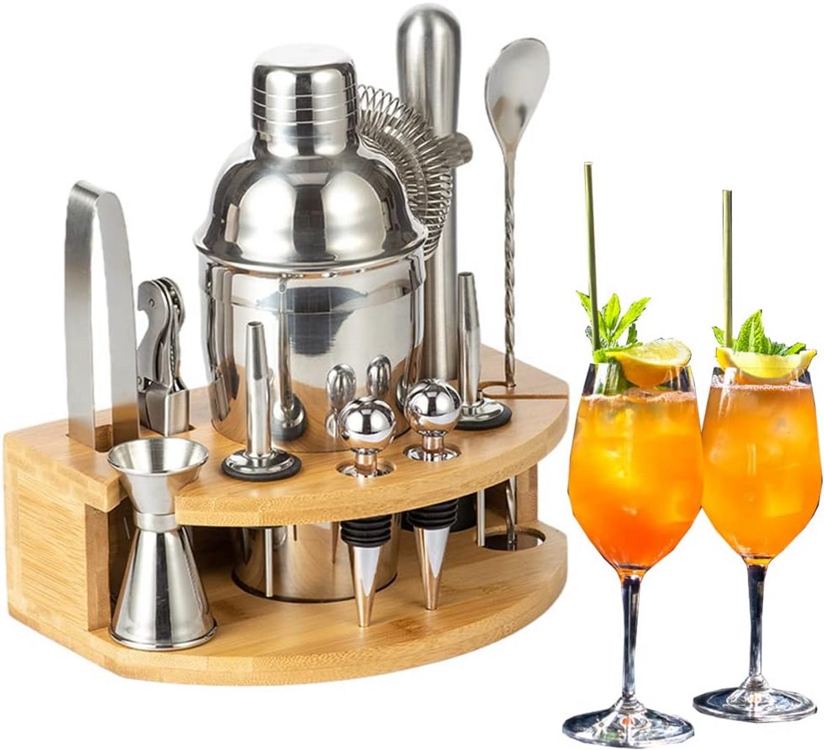 Professionele Cocktail Shaker Set RVS met Bamboe Dienblad (12 Delig)