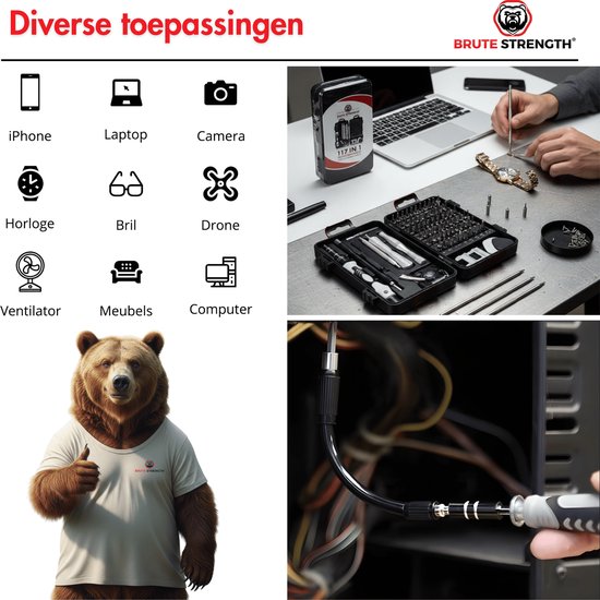 Een beer in een T-shirt geeft een duim omhoog, naast iconen van verschillende toepassingen voor de schroevendraaierset.
