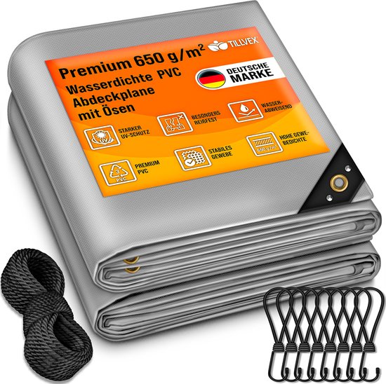 Bâche Tillvex 4x6 m – Grijs | Toile de jute PVC 650 g/m² | Imperméable, résistant aux déchirures | Comprend 10 Crochet et 15 m de corde | Universel pour camion, Pool, Mobilier de jardin et bois