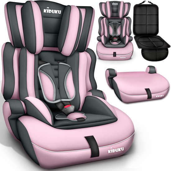 KIDUKU® Autostoel 9-36 kg (1-12 jaar) – Kinderzitje ECE R129/03, Groep 1/2/3 Autokinderstoel Kinderautostoel (Grijs/Roze)