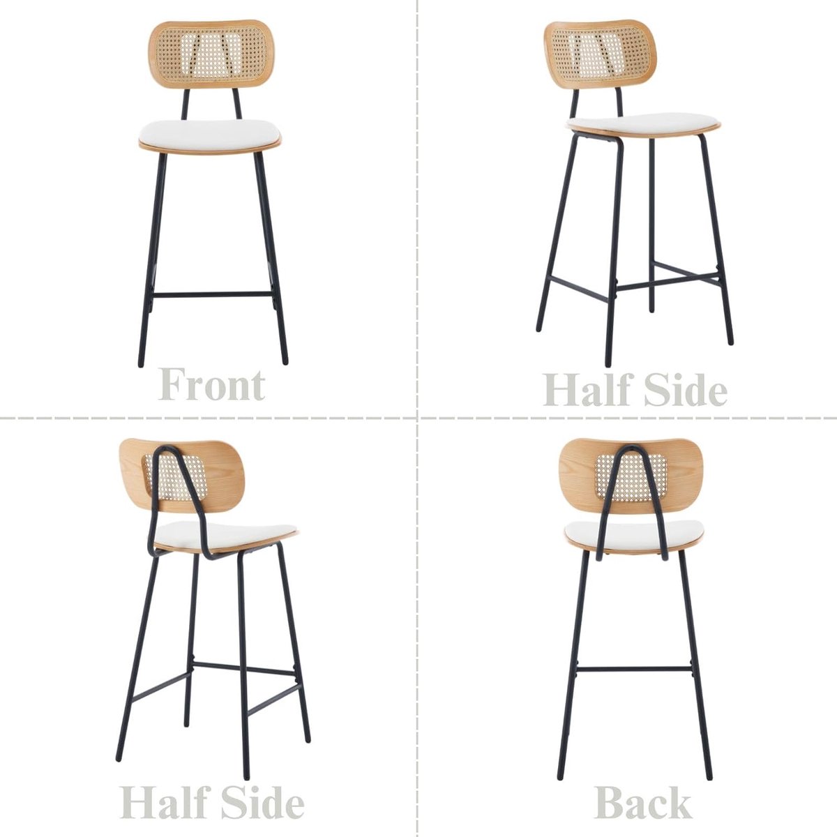 Barkrukken Set van 2 – House&Garden Nordic Rotan Barstoelen – Witte Kunstleren Zitting – Metalen Poten – Moderne Keukenkrukken met Rugleuning – Voor Keukeneiland & Bartafel
