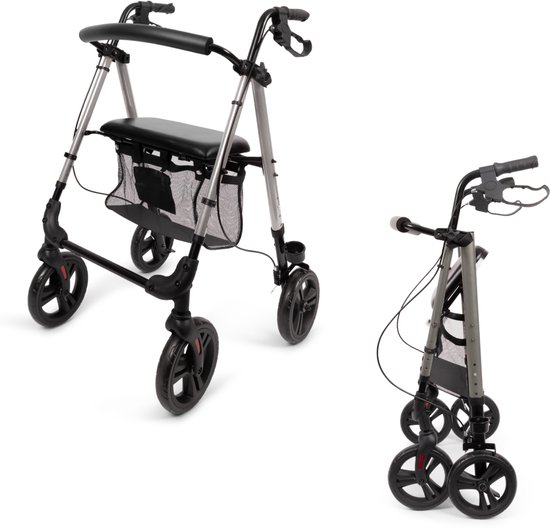 Parvum Nova Rollator - Lichtgewicht (6,9kg) en opvouwbaar - Incl. stokhouder & rugleuning - Grijs