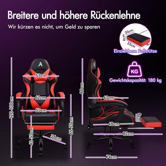Ergonomische Gaming Stoel met Voetensteun - Bureaustoel XL 180 kg - Verstelbaar en Comfortabel - Rood/Zwart van Merkloos — afbeelding 3