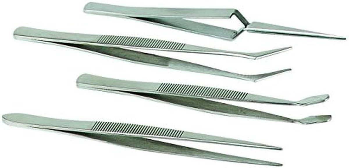 Set van 4 Precisie Tweezer Pincetten van RVS, Anti-Magnetisch