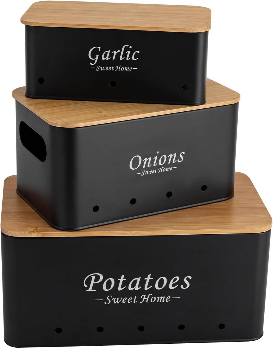 Set van 3 Zwarte Opslagbakken met Bamboe Deksel voor Aardappelen, Uien en Knoflook