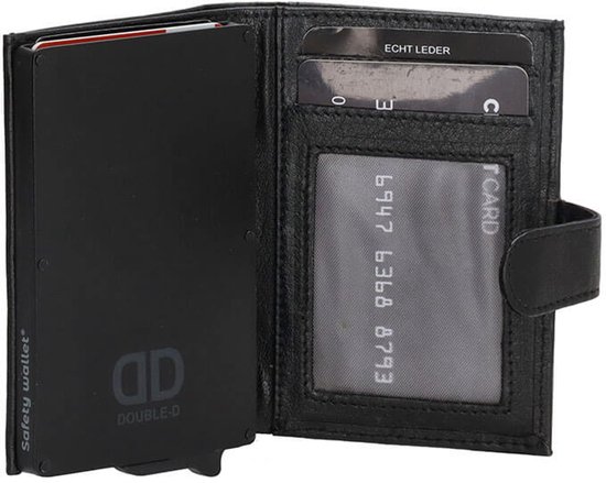 Porte Double-D / Porte-cartes de crédit - Compartiment monnaie et billets - Anti Skim - 8 cartes - 100% Cuir - Zwart