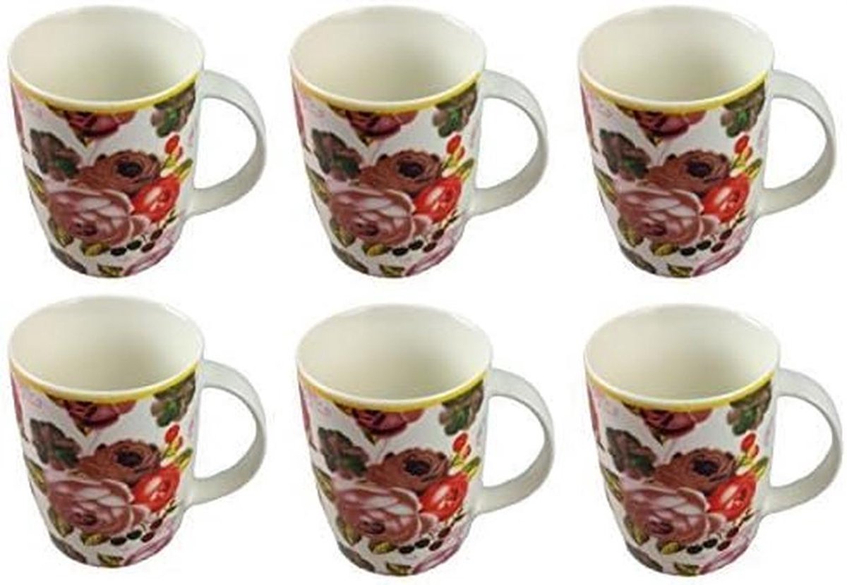 Set van 6 Koffiemokken Bloem Design - Grote Mokken 400 ml, Porselein