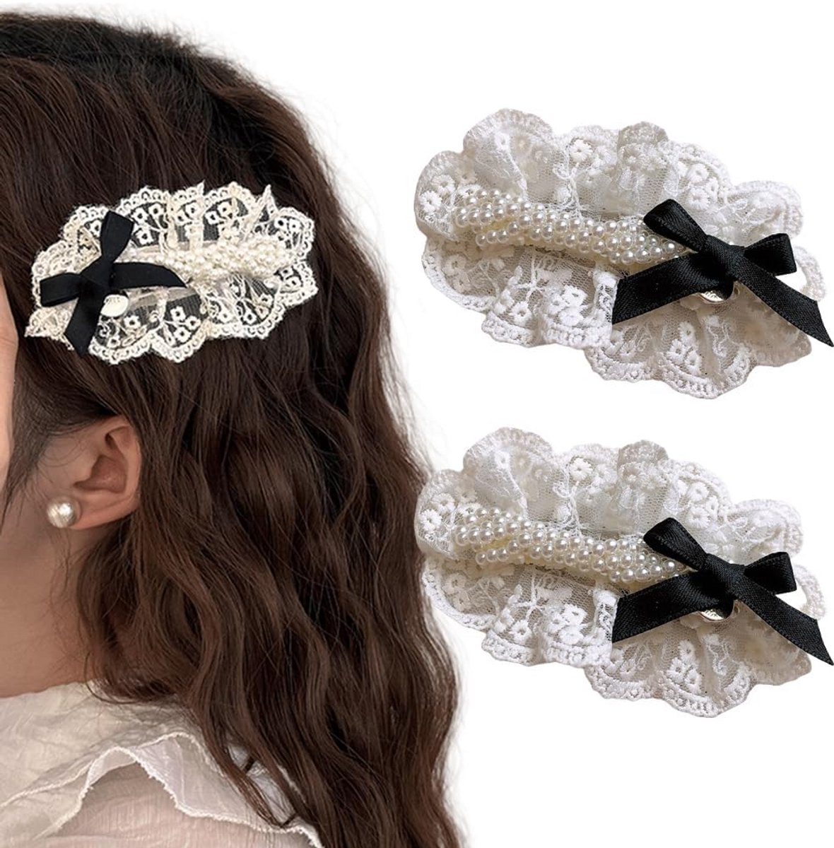 2x Elegante Haarclips met Beige Kant en Parelaccenten voor Vrouwen