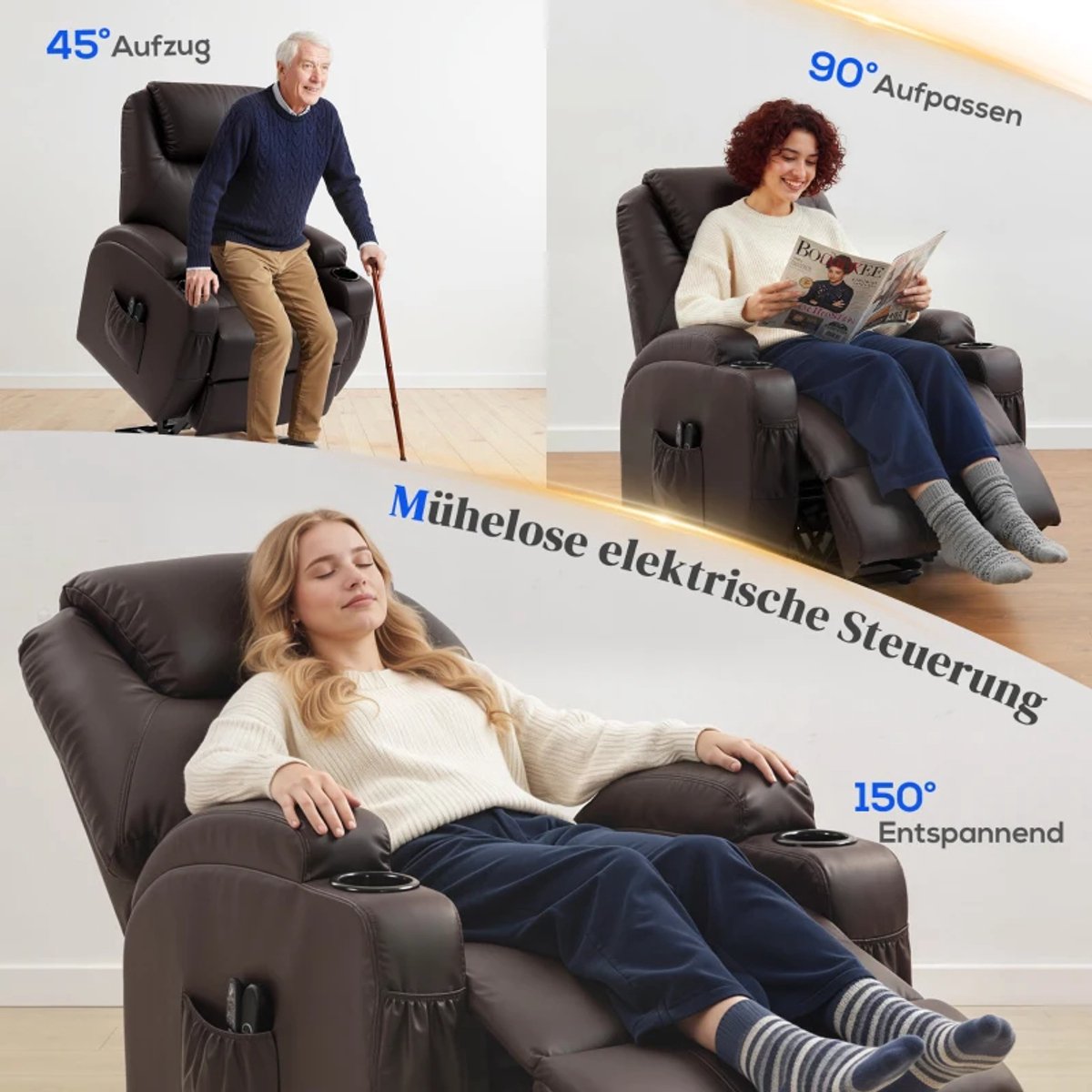 Elektrische Relaxfauteuil met Liftfunctie - Kantelbaar tot 150° - Verstelbare Rugleuning - tot 135 kg - met Afstandsbediening en Bekerhouder - Relaxstoel - Seniorenstoel - TV Stoel - Linnenlook - Bruin – foto 6