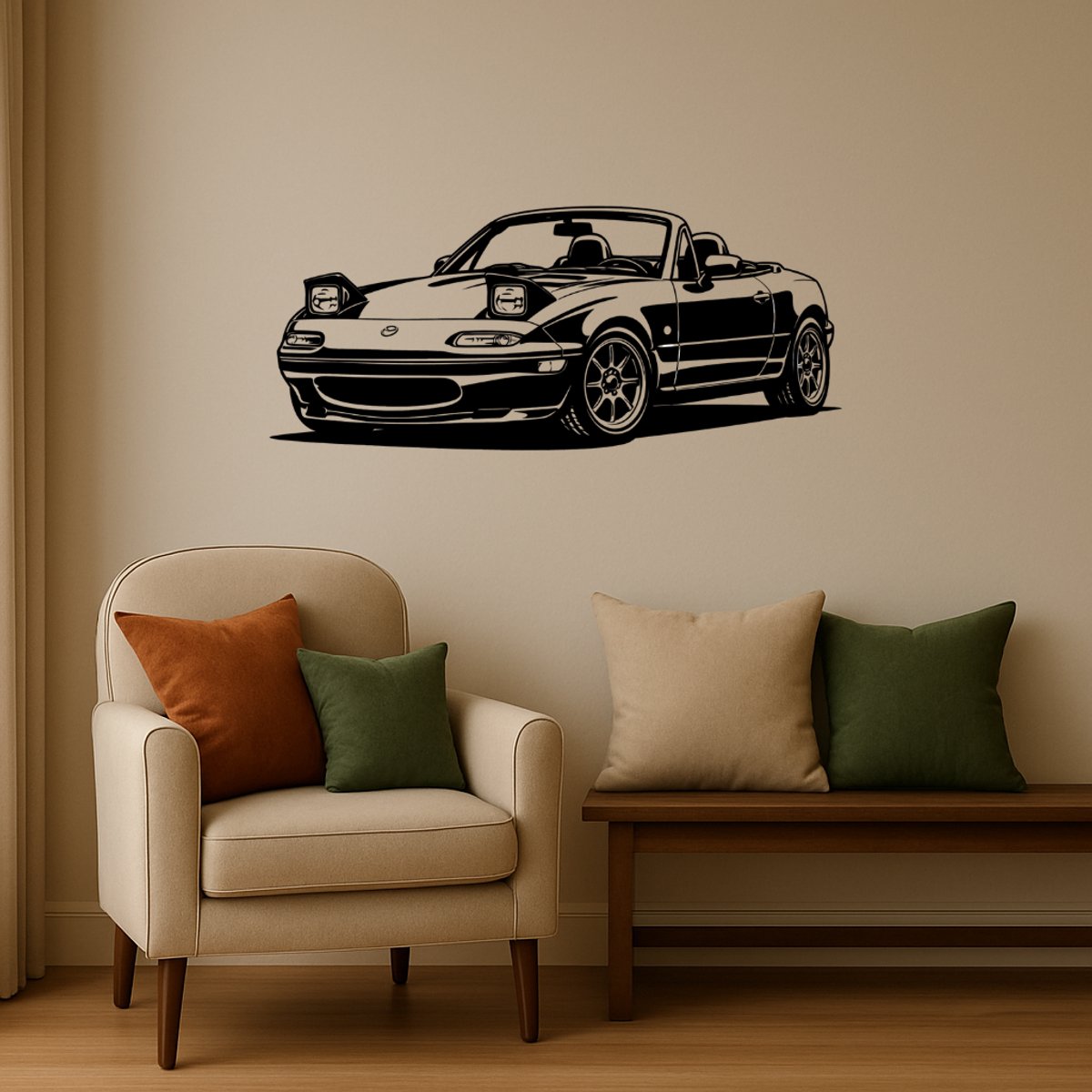 BR2Laser Mazda Miata – Wanddecoratie – Lasergesneden Hout – Autokunst – 35 cm Breed