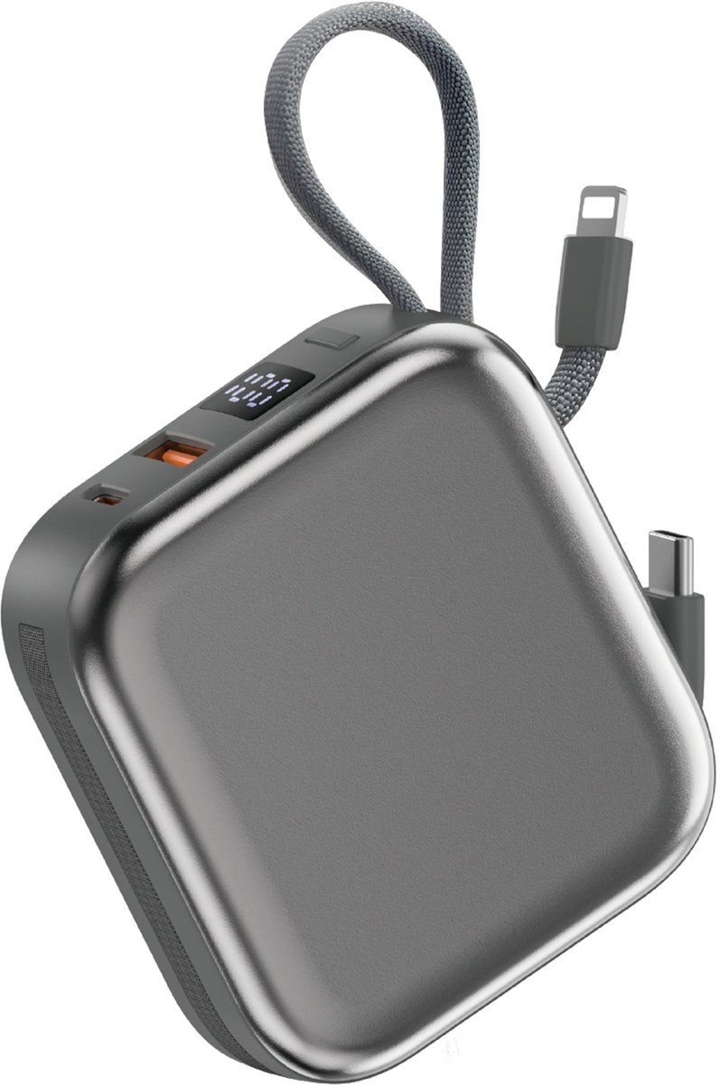 WiWU Powerbank 10000mAh - Type-C en Lightning kabel - Draadloos opladen - Digital display - Grijs